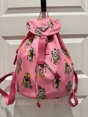 Prada Pink Robot Print Drawstring Backpack